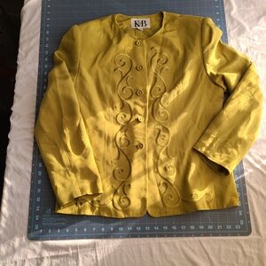 Women's Chartreuse 100% Silk Embroidered Vintage Jacket Green Blazer Old Money